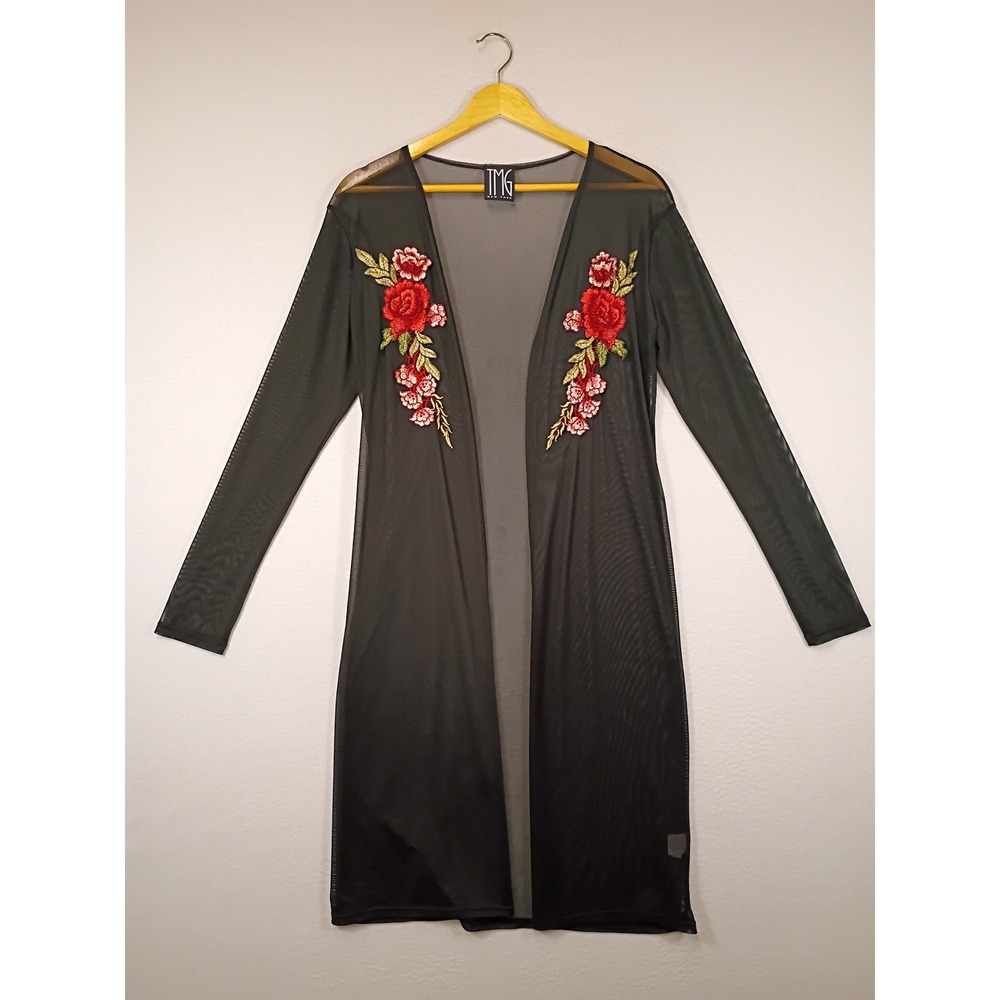 Boho Gothic TMG New York Women Medium Black Sheer Mesh Floral Embroidered Duster